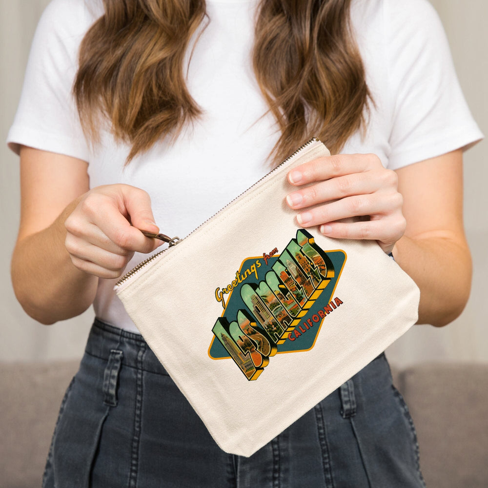 Los Angeles, California, Greetings, Big Letter Scene, Warmer Palette, Organic Cotton Zipper Pouch, Go Bag Go Bag Lantern Press 