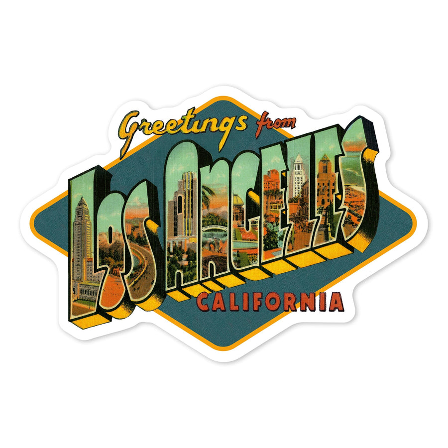 Los Angeles, California, Greetings, Big Letter Scene, Warmer Palette, Vinyl Sticker - Lantern Press