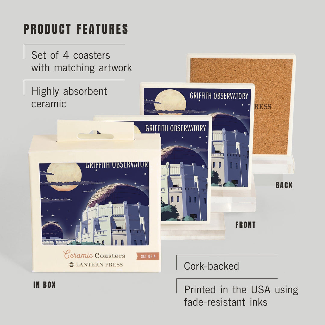 Los Angeles, California, Griffith Observatory at Night, Coasters Coasters Lantern Press 