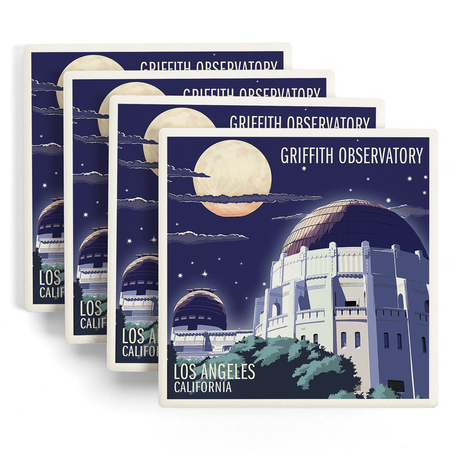 Los Angeles, California, Griffith Observatory at Night, Lantern Press Artwork, Coaster Set - Lantern Press