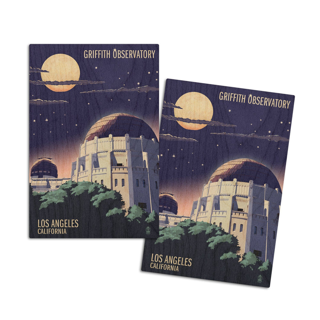 Los Angeles, California, Griffith Observatory at Night, Lantern Press Artwork, Wood Signs and Postcards Wood Lantern Press 4x6 Wood Postcard Set 