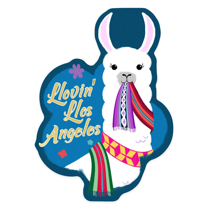 Los Angeles, California, Llovin' Llama, Blue, Contour, Vinyl Sticker Sticker Lantern Press 