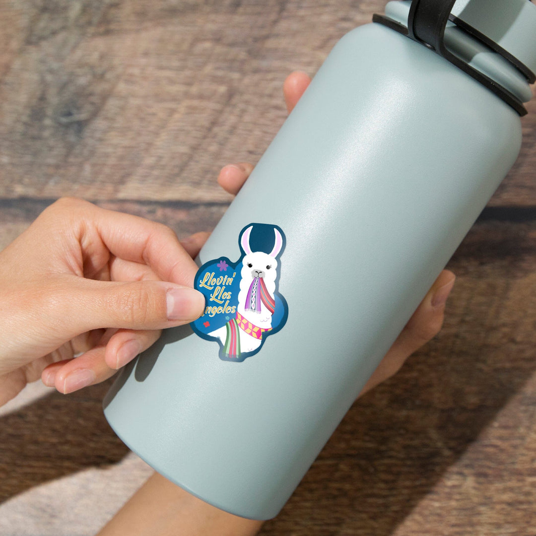 Los Angeles, California, Llovin' Llama, Blue, Contour, Vinyl Sticker Sticker Lantern Press 