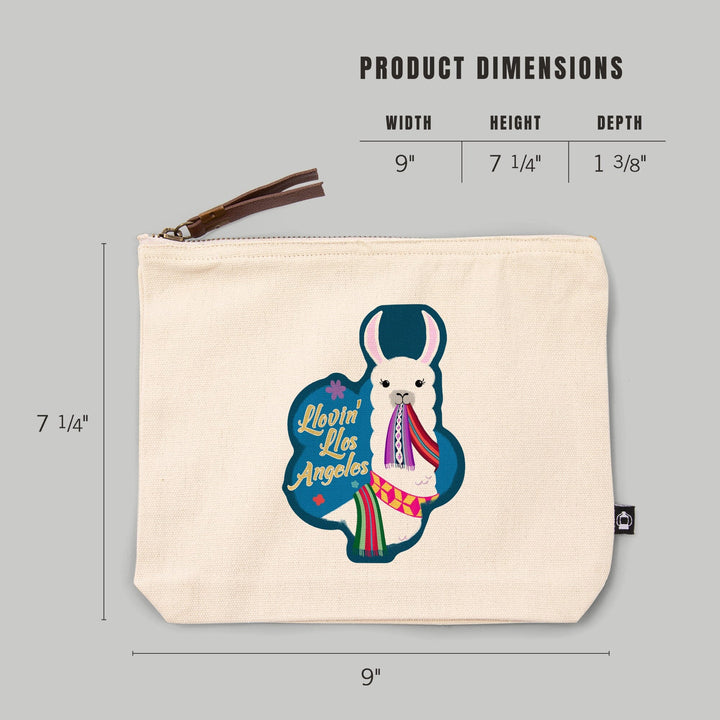 Los Angeles, California, Llovin' Llama, Blue,, Organic Cotton Zipper Pouch, Go Bag Go Bag Lantern Press 