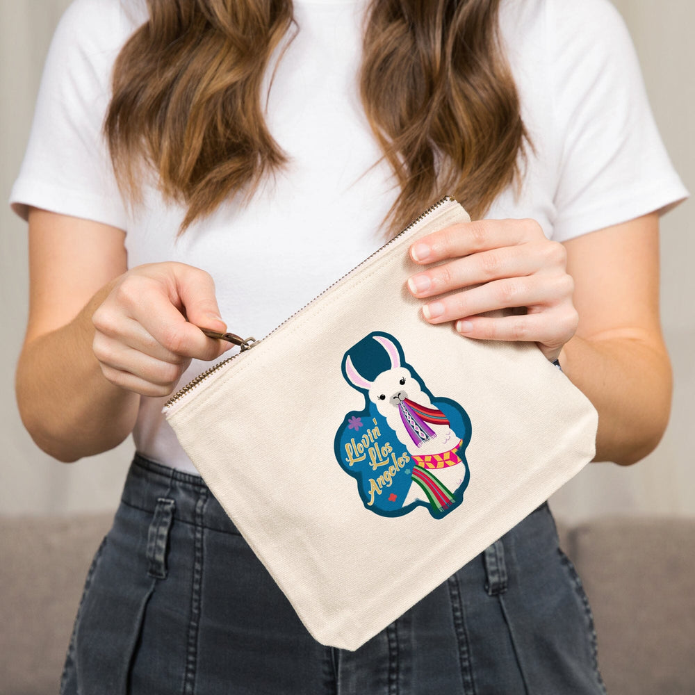 Los Angeles, California, Llovin' Llama, Blue,, Organic Cotton Zipper Pouch, Go Bag Go Bag Lantern Press 