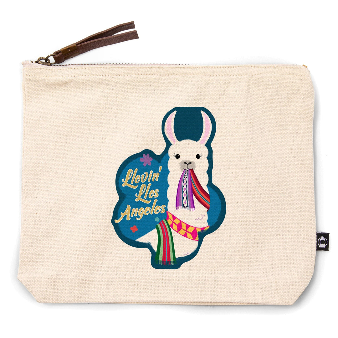 Los Angeles, California, Llovin' Llama, Blue,, Organic Cotton Zipper Pouch, Go Bag Go Bag Lantern Press 