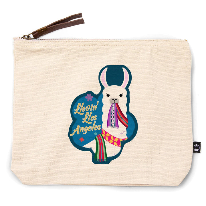 Los Angeles, California, Llovin' Llama, Blue,, Organic Cotton Zipper Pouch, Go Bag Go Bag Lantern Press 