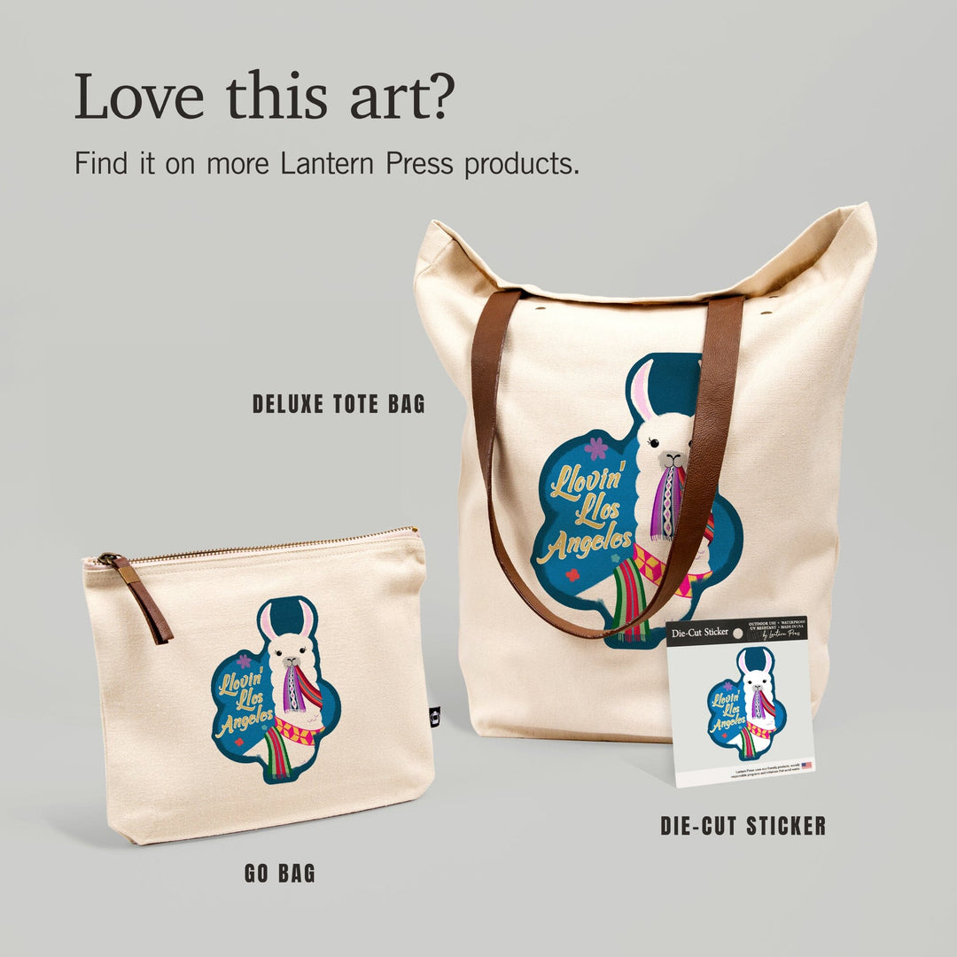 Los Angeles, California, Llovin' Llama, Blue,, Organic Cotton Zipper Pouch, Go Bag Go Bag Lantern Press 