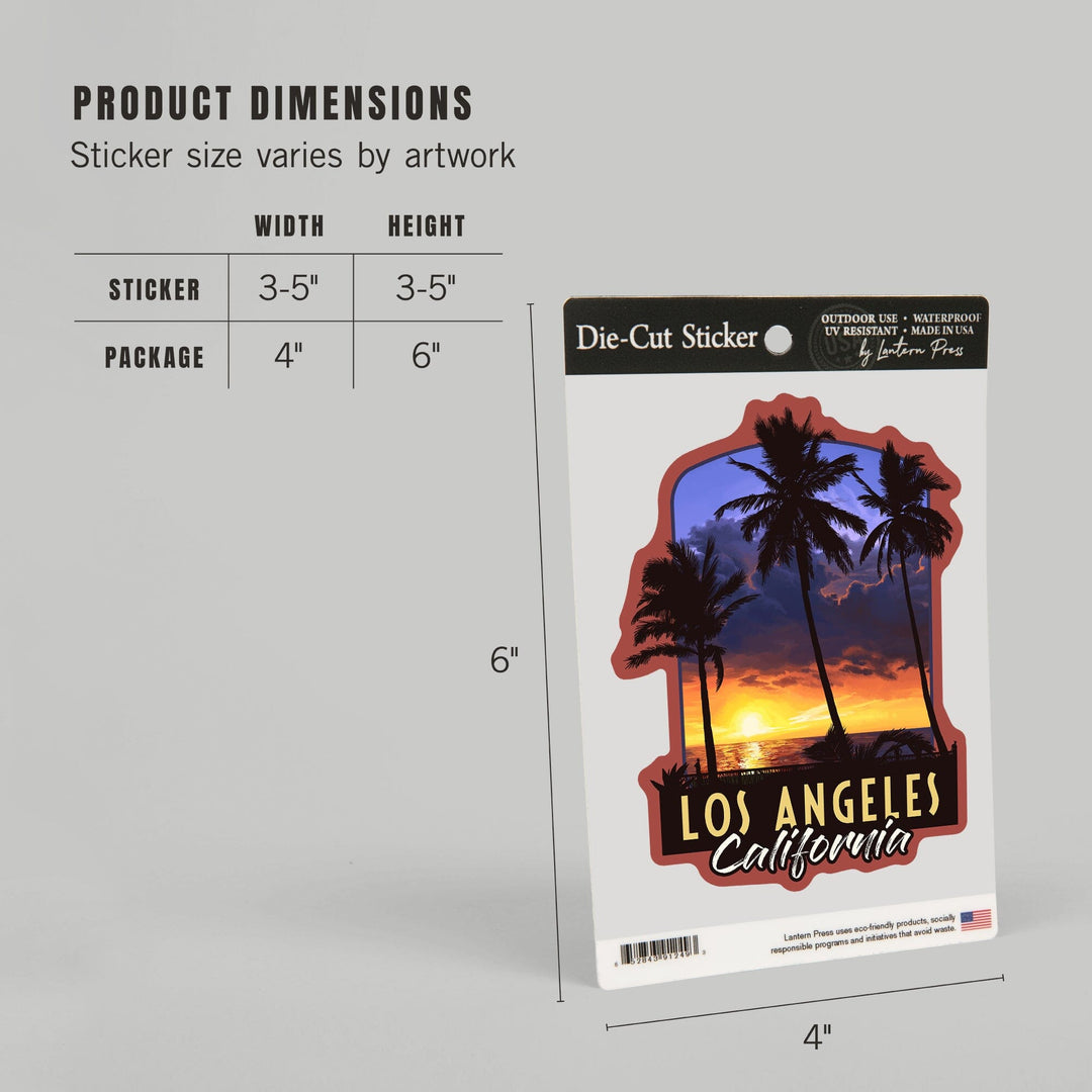 Los Angeles, California, Palms and Sunset, Contour, Vinyl Sticker - Lantern Press