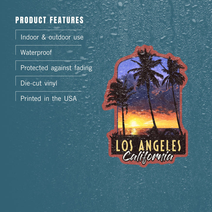 Los Angeles, California, Palms and Sunset, Contour, Vinyl Sticker - Lantern Press