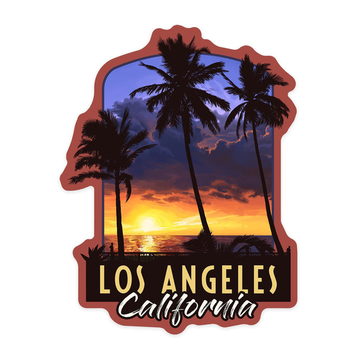 Los Angeles, California, Palms and Sunset, Contour, Vinyl Sticker - Lantern Press