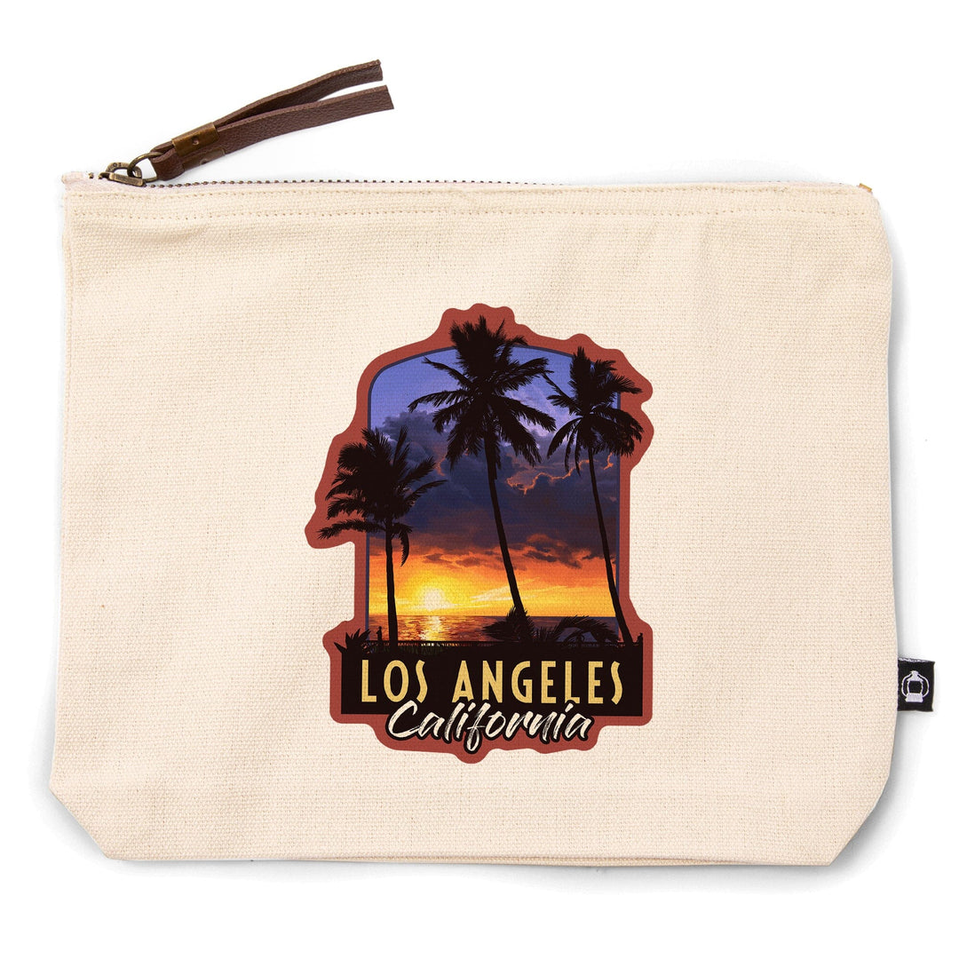 Los Angeles, California, Palms and Sunset,, Organic Cotton Zipper Pouch, Go Bag Go Bag Lantern Press 