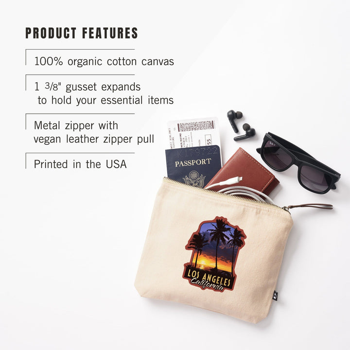 Los Angeles, California, Palms and Sunset,, Organic Cotton Zipper Pouch, Go Bag Go Bag Lantern Press 