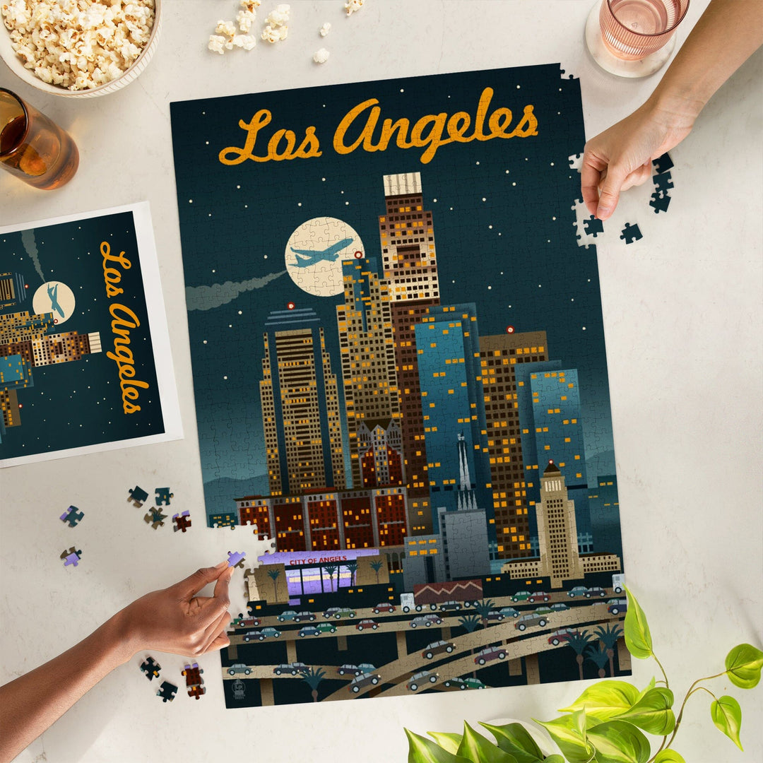 Los Angeles, California, Retro Skyline, Jigsaw Puzzle Puzzle Lantern Press 