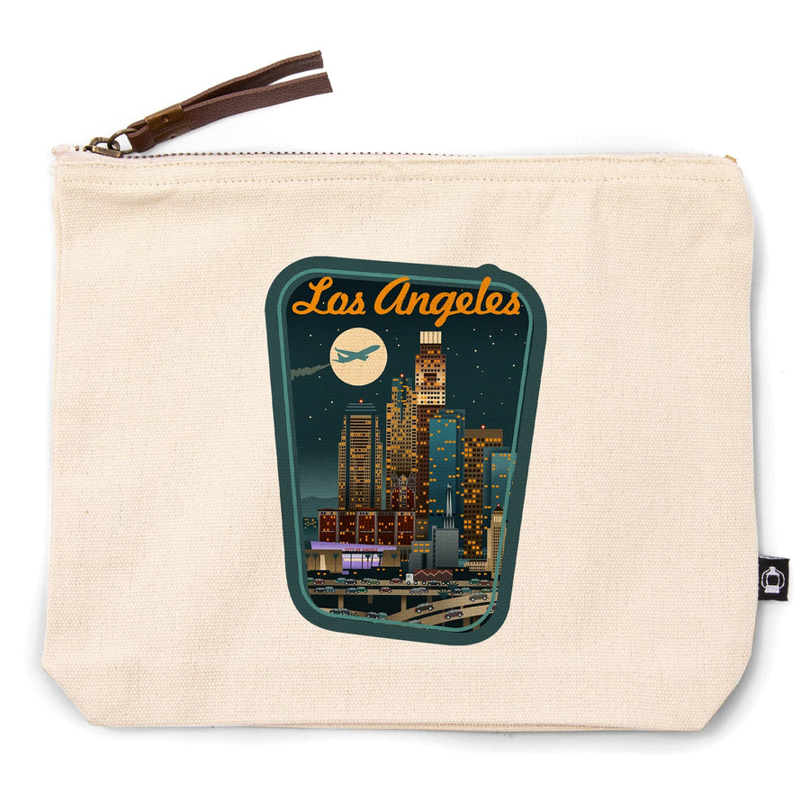 Los Angeles, California, Retro Skyline,, Organic Cotton Zipper Pouch, Go Bag Go Bag Lantern Press 