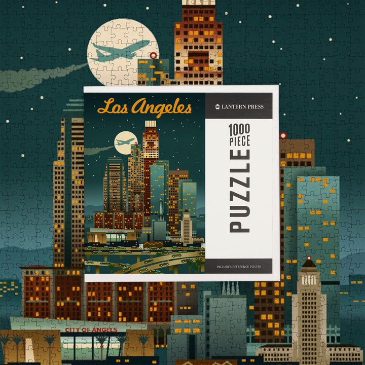 Los Angeles, California, Retro Skyline, Warmer Palette, Jigsaw Puzzle - Lantern Press