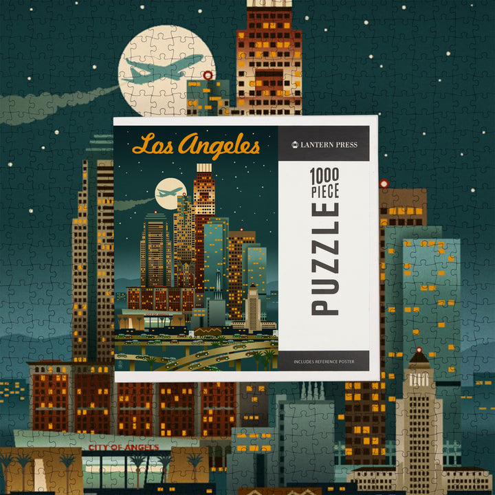 Los Angeles, California, Retro Skyline, Warmer Palette, Jigsaw Puzzle Puzzle Lantern Press 
