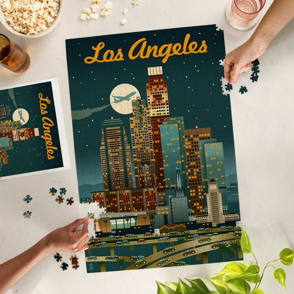 Los Angeles, California, Retro Skyline, Warmer Palette, Jigsaw Puzzle Puzzle Lantern Press 