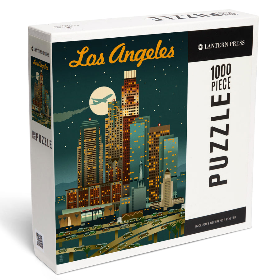 Los Angeles, California, Retro Skyline, Warmer Palette, Jigsaw Puzzle Puzzle Lantern Press 