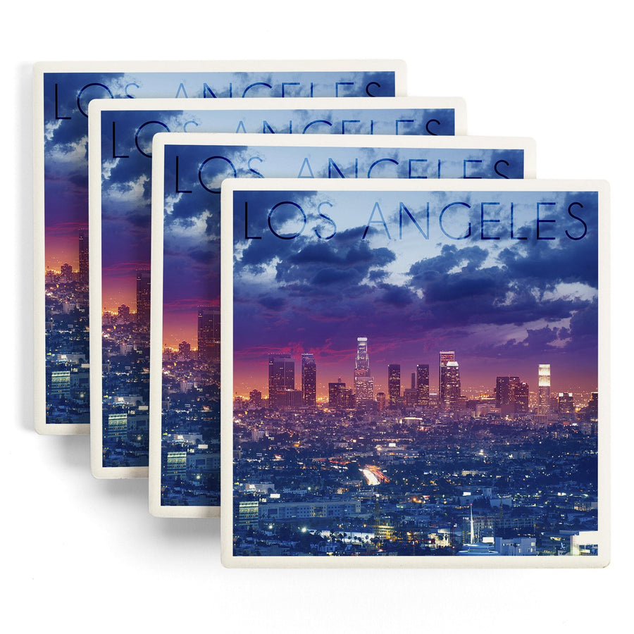 Los Angeles, California, Skyline Night Scene, Lantern Press Photography, Coaster Set - Lantern Press