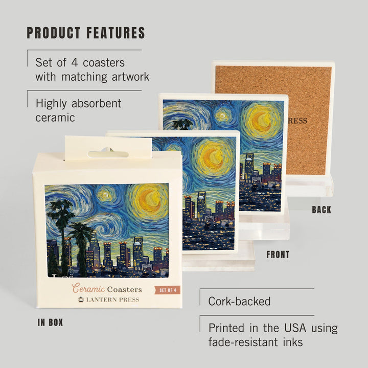 Los Angeles, California, Starry Night Series, Lantern Press Artwork, Coaster Set - Lantern Press