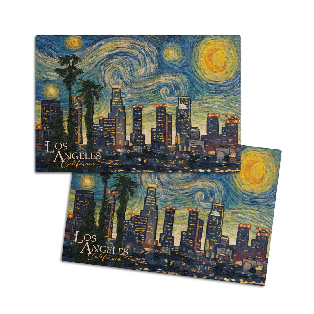 Los Angeles, California, Starry Night Series, Lantern Press Artwork, Wood Signs and Postcards Wood Lantern Press 4x6 Wood Postcard Set 