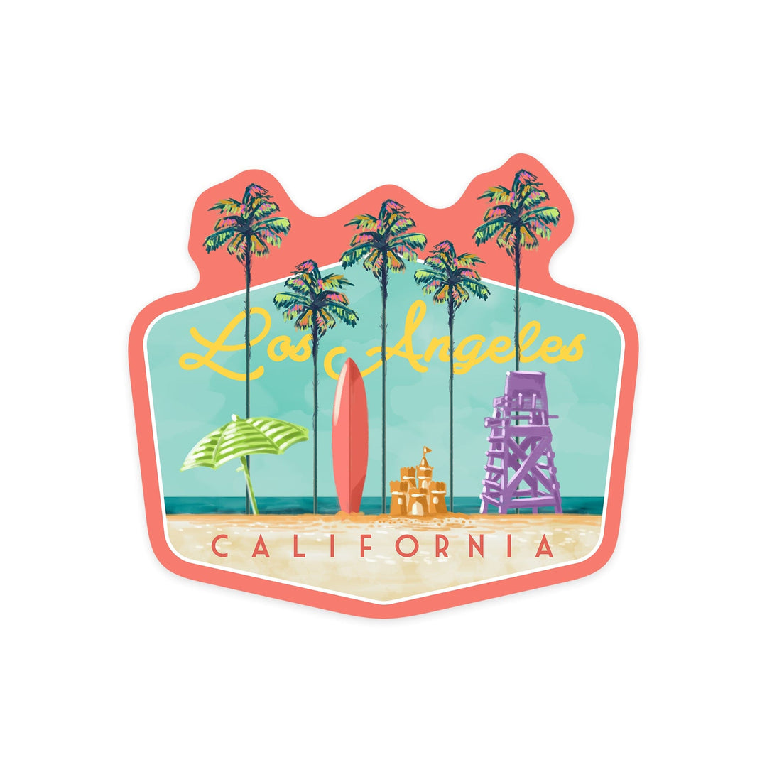 Los Angeles, California, Tall Palms Beach Scene, Contour, Vinyl Sticker - Lantern Press