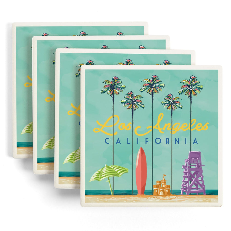 Los Angeles, California, Tall Palms Beach Scene, Lantern Press Artwork, Coaster Set - Lantern Press