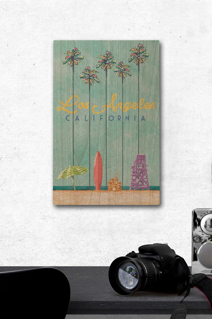 Los Angeles, California, Tall Palms Beach Scene, Lantern Press Artwork, Wood Signs and Postcards Wood Lantern Press 12 x 18 Wood Gallery Print 