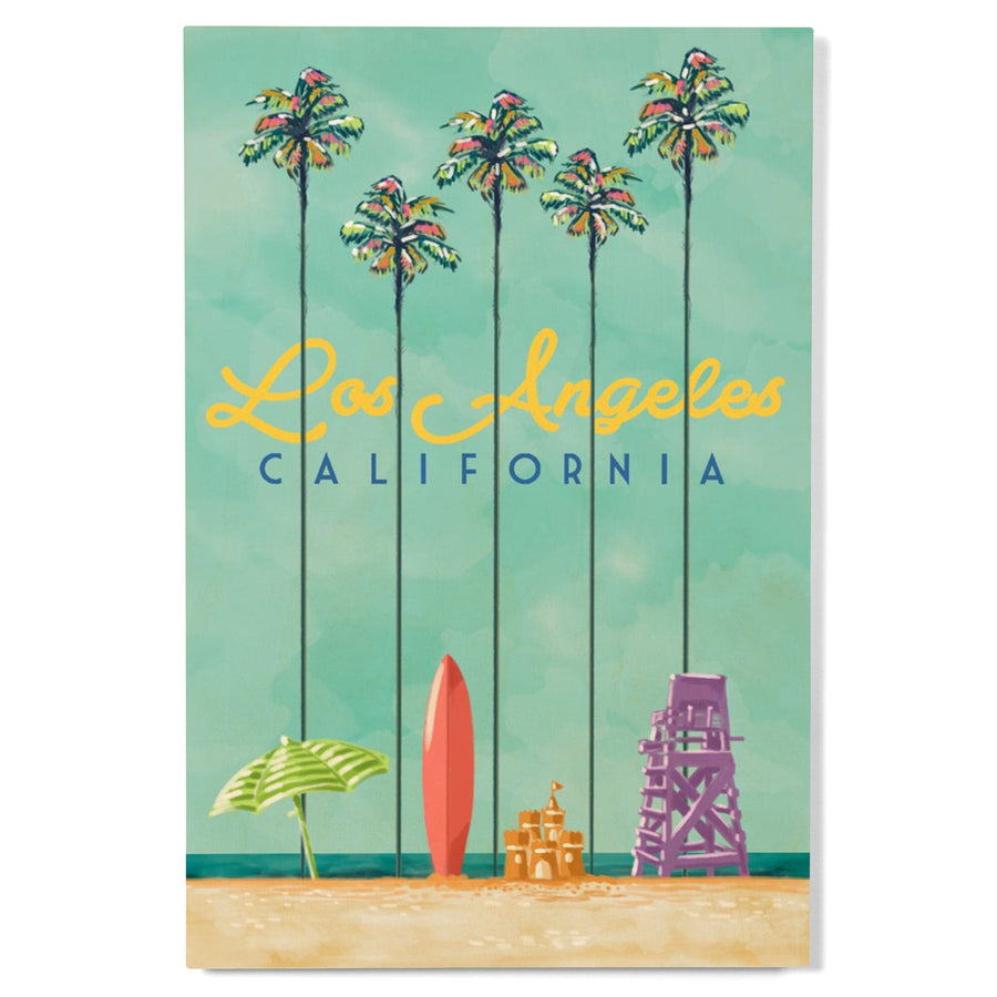 Los Angeles, California, Tall Palms Beach Scene, Lantern Press Artwork, Wood Signs and Postcards Wood Lantern Press 