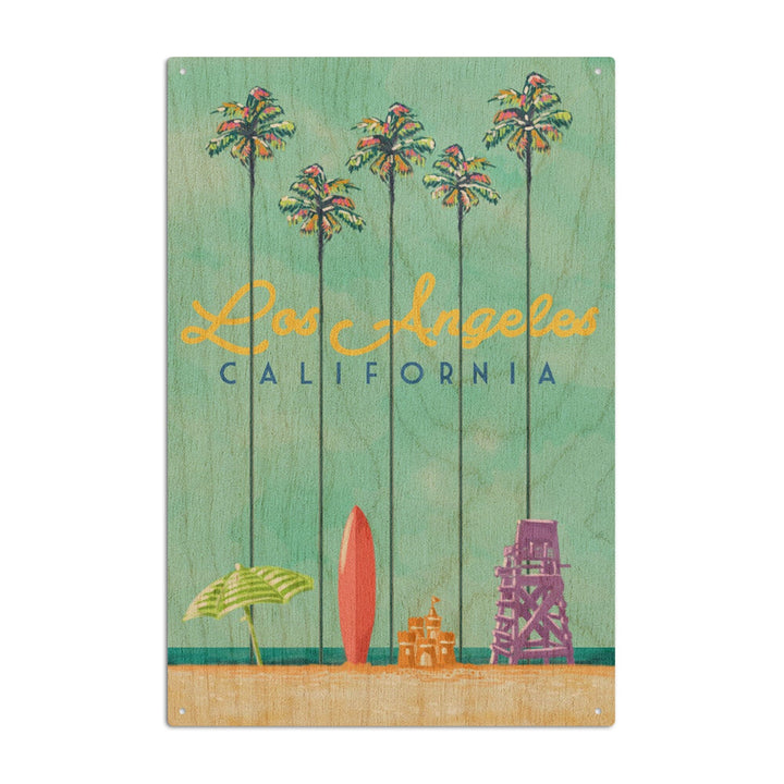 Los Angeles, California, Tall Palms Beach Scene, Lantern Press Artwork, Wood Signs and Postcards Wood Lantern Press 6x9 Wood Sign 