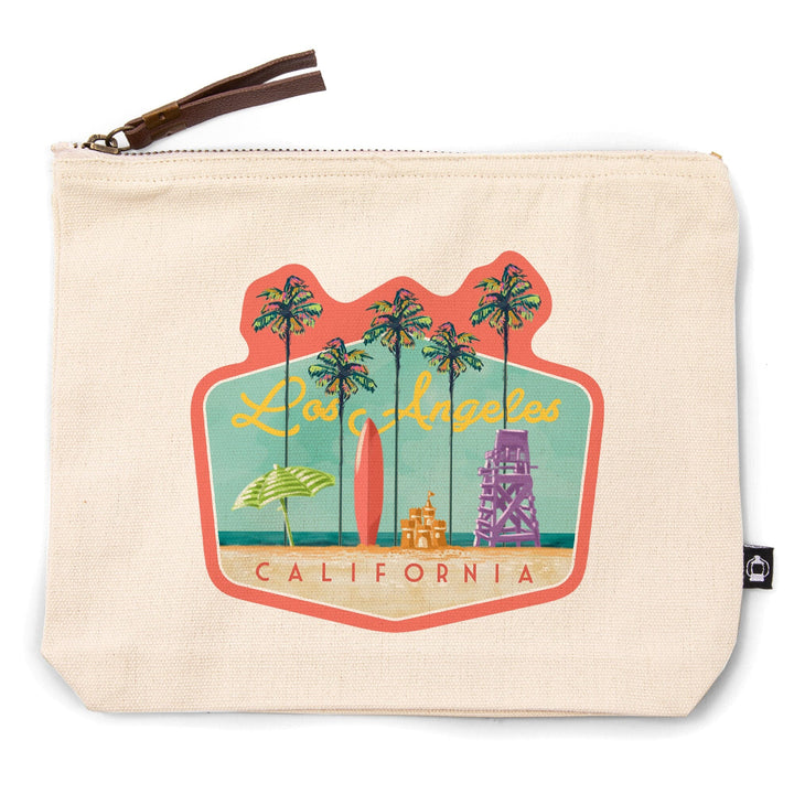 Los Angeles, California, Tall Palms Beach Scene,, Organic Cotton Zipper Pouch, Go Bag Go Bag Lantern Press 