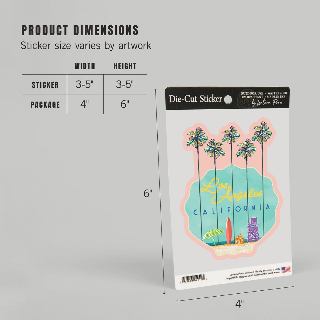 Los Angeles, California, Tall Palms Beach Scene, Shell, Contour, Vinyl Sticker - Lantern Press