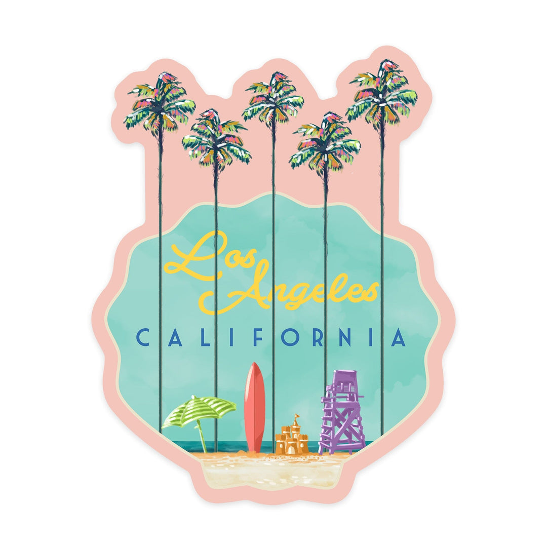 Los Angeles, California, Tall Palms Beach Scene, Shell, Contour, Vinyl Sticker - Lantern Press