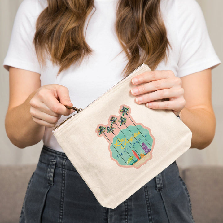 Los Angeles, California, Tall Palms Beach Scene, Shell,, Organic Cotton Zipper Pouch, Go Bag Go Bag Lantern Press 