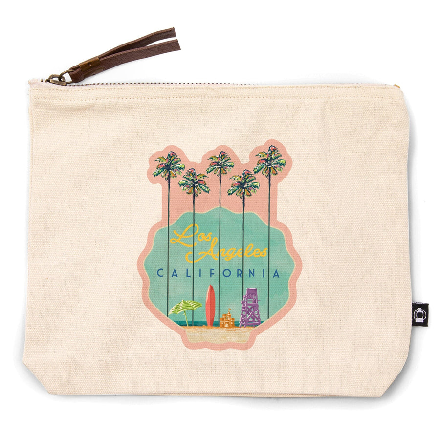 Los Angeles, California, Tall Palms Beach Scene, Shell,, Organic Cotton Zipper Pouch, Go Bag Go Bag Lantern Press 