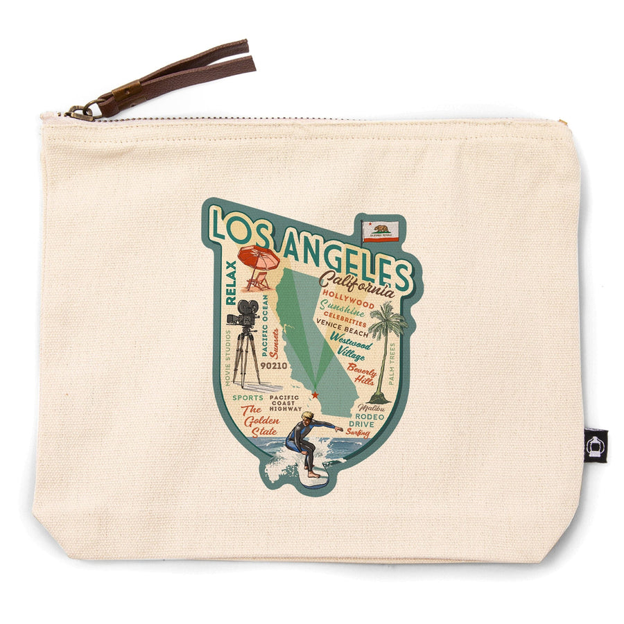 Los Angeles, California, Typography and Icons,, Organic Cotton Zipper Pouch, Go Bag Go Bag Lantern Press 