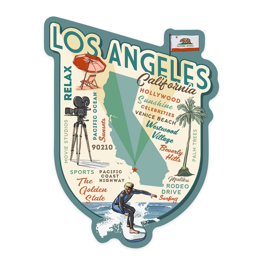 Los Angeles, California, Typography & Icons, Contour, Lantern Press Artwork, Vinyl Sticker - Lantern Press