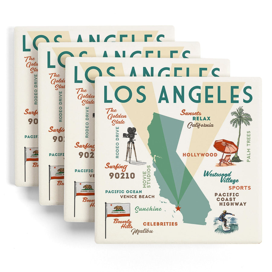 Los Angeles, California, Typography & Icons, Lantern Press Artwork, Coaster Set - Lantern Press