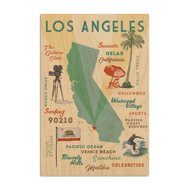 Los Angeles, California, Typography & Icons, Lantern Press Artwork, Wood Signs and Postcards Wood Lantern Press 10 x 15 Wood Sign 