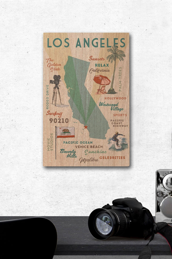 Los Angeles, California, Typography & Icons, Lantern Press Artwork, Wood Signs and Postcards Wood Lantern Press 12 x 18 Wood Gallery Print 
