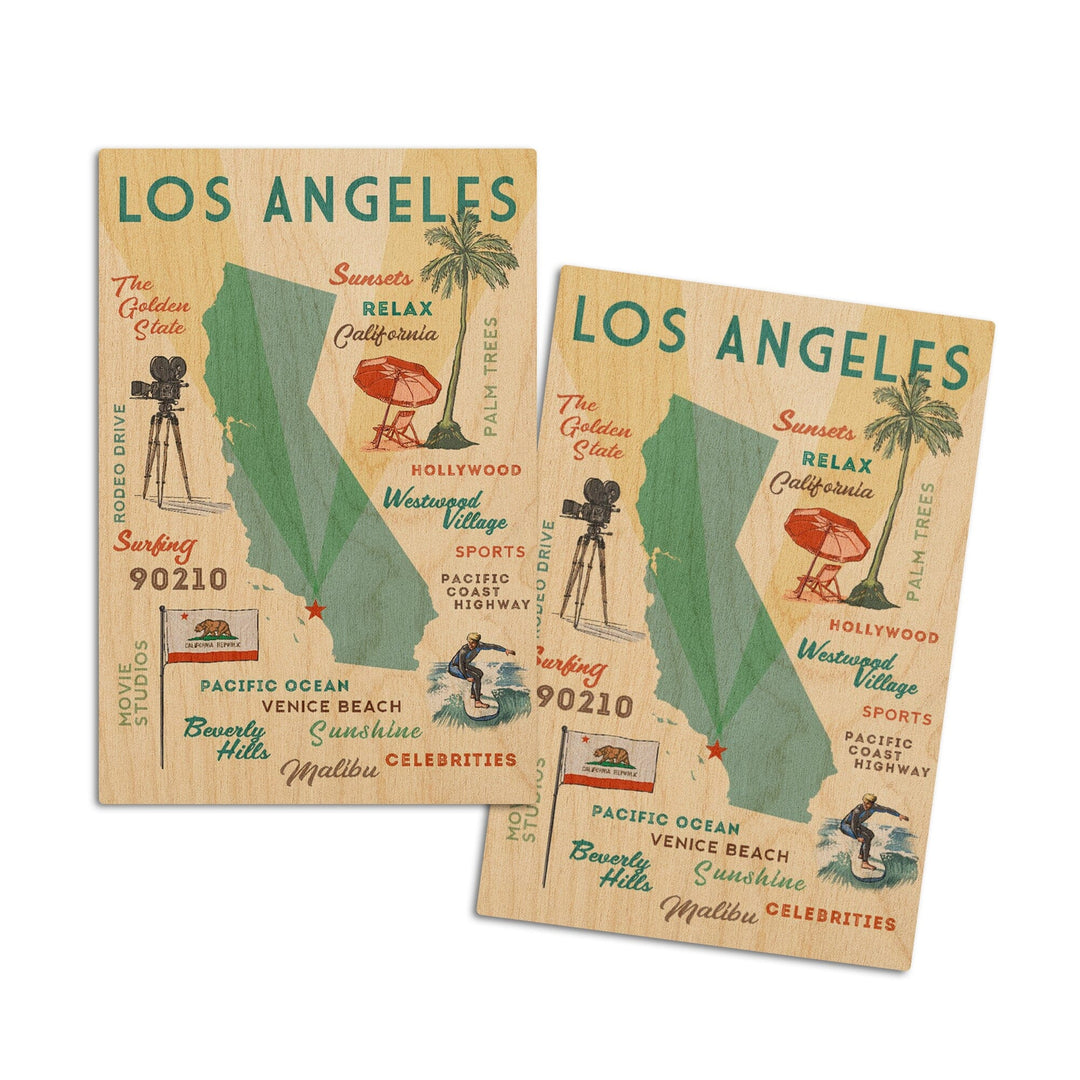 Los Angeles, California, Typography & Icons, Lantern Press Artwork, Wood Signs and Postcards Wood Lantern Press 4x6 Wood Postcard Set 