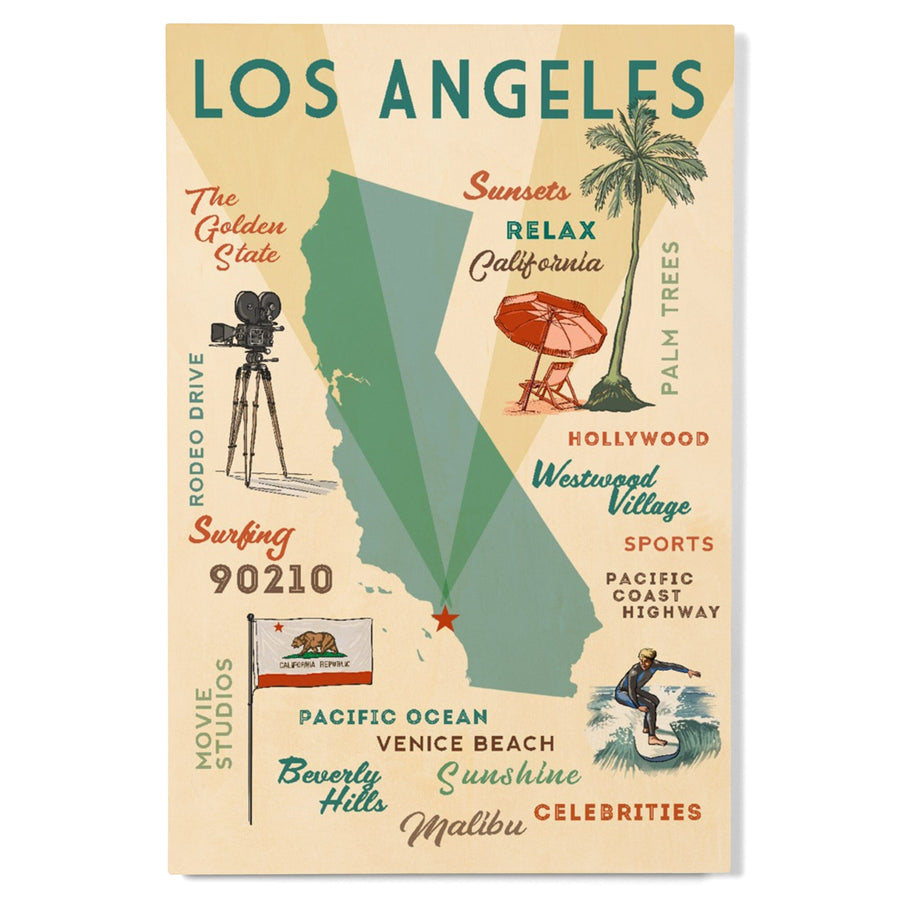 Los Angeles, California, Typography & Icons, Lantern Press Artwork, Wood Signs and Postcards Wood Lantern Press 