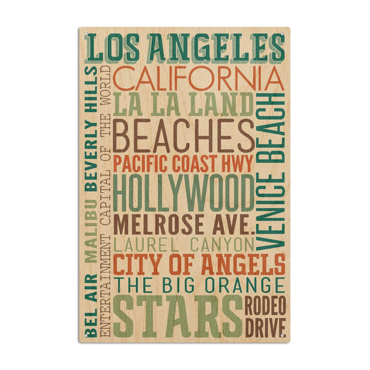 Los Angeles, California, Typography, Lantern Press Artwork, Wood Signs and Postcards Wood Lantern Press 10 x 15 Wood Sign 
