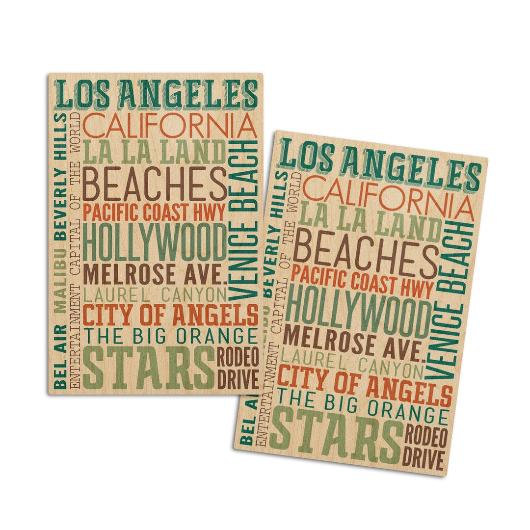 Los Angeles, California, Typography, Lantern Press Artwork, Wood Signs and Postcards Wood Lantern Press 4x6 Wood Postcard Set 