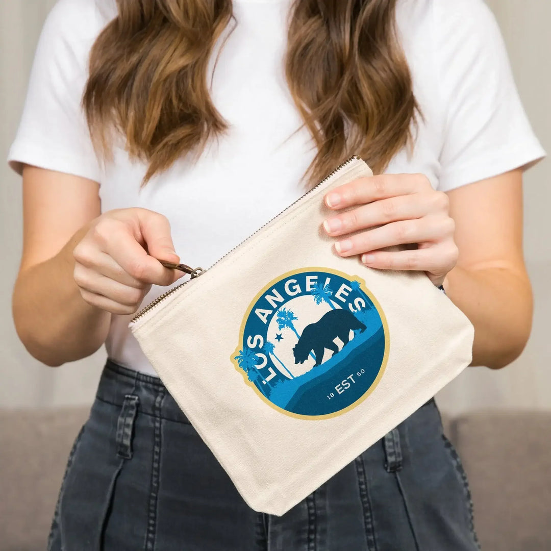 Los Angeles, California, Vintage Circular Bear , Blue, Organic Cotton Zipper Pouch, Go Bag Go Bag Lantern Press 