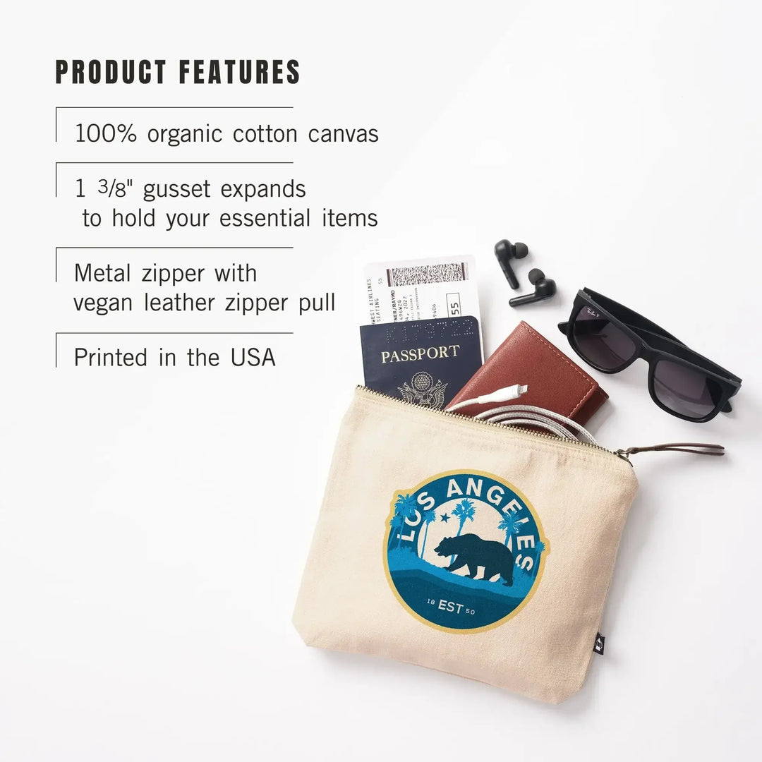 Los Angeles, California, Vintage Circular Bear , Blue, Organic Cotton Zipper Pouch, Go Bag Go Bag Lantern Press 