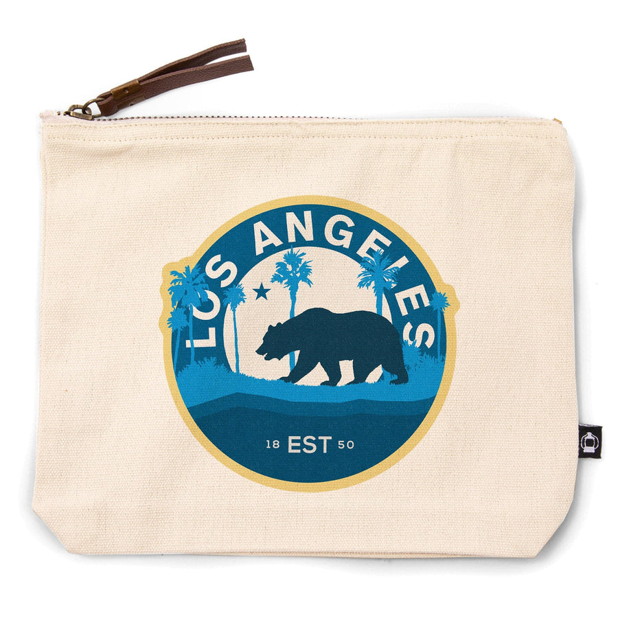 Los Angeles, California, Vintage Circular Bear , Blue, Organic Cotton Zipper Pouch, Go Bag Go Bag Lantern Press 