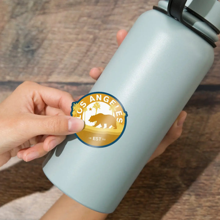 Los Angeles, California, Vintage Circular Bear Contour, Yellow, Vinyl Sticker Sticker Lantern Press 