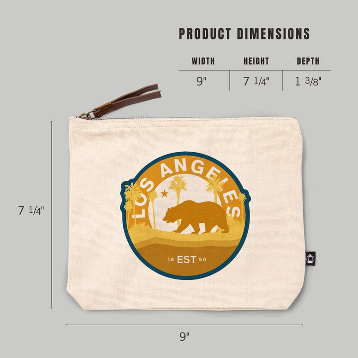 Los Angeles, California, Vintage Circular Bear , Yellow, Organic Cotton Zipper Pouch, Go Bag Go Bag Lantern Press 